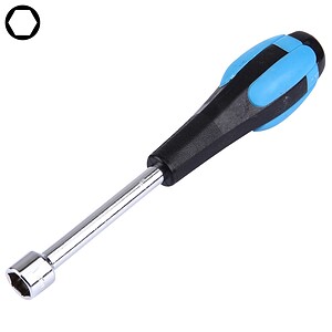 Hexagonal socket wrench tool with black and blue handle for easy grip, ideal for automotive repairs and DIY projects, featuring a durable chrome finish for rust resistance.