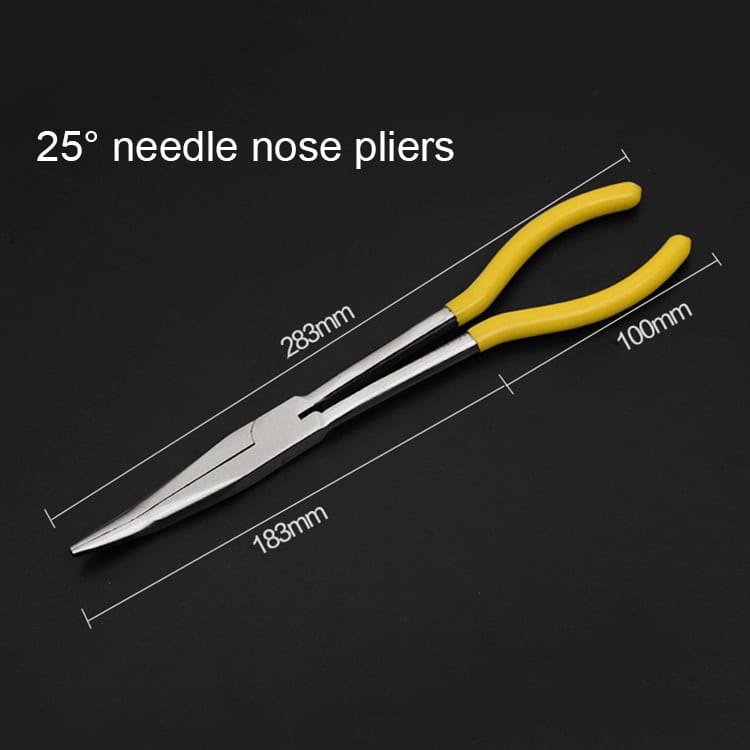 11" Multi-function 25° Bend Needle-nosed Pliers Hand Tool 2 Heavy-Duty Needle Nose Pliers With 25° Angled Tips, 283Mm Length, And Ergonomic Yellow Handles For Precision Wire Cutting And Gripping In Electrical, Jewelry, And Diy Projects.