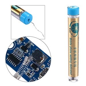 Blue lithium-ion battery with push-button cap for mobile phone charging and electronic circuit board with electronic components, connectors, and microchips for electronic device repair and DIY projects.