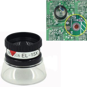 15x magnifying lens positioned above a circuit board with a close-up view of a component.