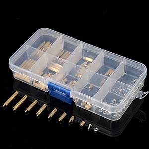 Precision metal pin assortments in a clear plastic organizer box for easy storage and access. Ideal for electronics, jewelry making, or craft projects requiring small metal parts.