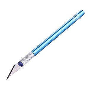 Blue precision craft knife with metal handle for detailed cutting and art projects.