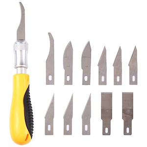 Sharp utility knives blade set for precision cutting tools, ideal for crafts, woodworking, and DIY projects. Comes with a yellow ergonomic handle for safe use and easy blade change.