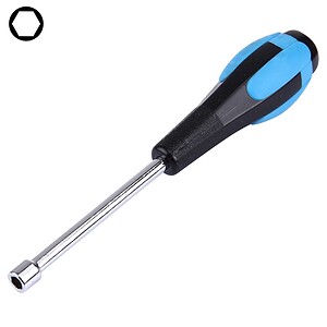 Hexagonal socket screwdriver with black and blue handle for precise screwdriving tasks. Durable tool suitable for various household and professional applications. Ergonomic design enhances grip and control.