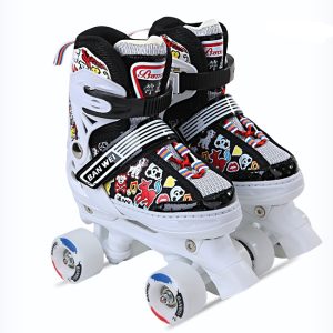 Colorful kids roller skates with cartoon designs, adjustable straps, and smooth wheels, perfect for children’s outdoor fun and skating activities.