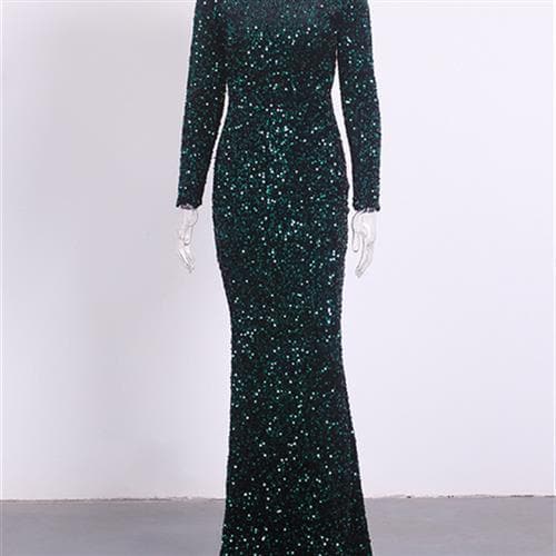 Elegant Royal Blue Sequin Evening Gown for Modest Women, Perfect for Prom Parties 4 Long Sleeve Evening Dress Covered In Green Sequins With A Fitted Silhouette.