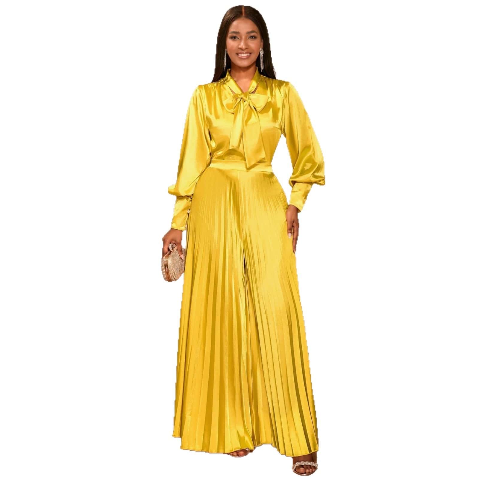 Chic V-neck Top & Wide Leg Trousers Set with Bow Detail - Elegant Fashion Combo 3 Woman Wearing A Long Yellow Satin Dress With Pleats And A Bow Tie At The Collar.
