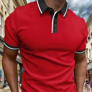 Red men's casual polo shirt with black and white striped collar and cuffs, suitable for streetwear and everyday fashion.