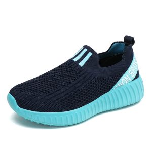 Lightweight black and blue athletic slip-on shoe with breathable mesh upper and cushioned sole, ideal for running, walking, and casual sports activities. Perfect for fitness enthusiasts.
