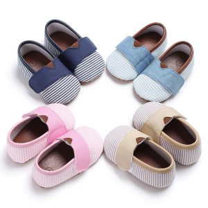 Cute striped baby shoes in various colors including navy, blue, pink, and beige, perfect for newborns and toddlers, showcasing stylish and comfortable footwear options from Syndmart.