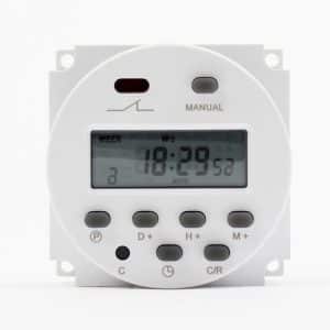 Digital programmable timer switch with a display and control buttons.
