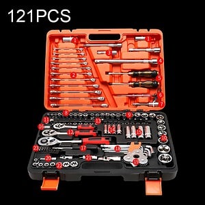 Precision mechanic tool set with 121 pieces, including screwdrivers, wrenches, sockets, and ratchets for automotive and home repair tasks. Compact case for easy storage and portability.