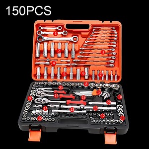150-piece mechanic tool set with ratchets, wrenches, sockets, and screwdrivers in a sturdy carrying case for automotive repair and maintenance.