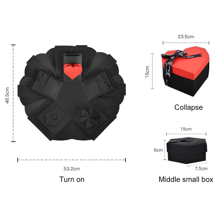 Surprise Explosion Heart-Shaped DIY Handmade Photo Album & Gift Box 3 Heart-Shaped Gift Box Set Featuring A Black Outer Layer And Red Accents, With Various Compartments.