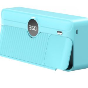 Blue portable air purifier featuring a digital display and a compact design.