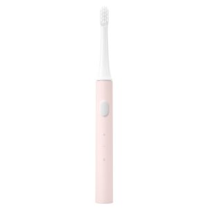 Battery-powered electric toothbrush in soft pink color with on/off button and ergonomic handle, designed for effective dental cleaning at home.