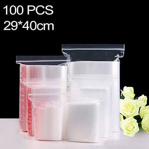 100-pack resealable plastic storage bags, 29 x 40 cm, ideal for food storage, organizing snacks and household items, premium quality, transparent design, perfect for kitchen and travel needs.