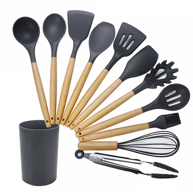 11-in-1 Wooden Handle Silicone Non-stick Kitchen Tool Set + Bucket 2 11-In-1 Wooden Handle Silicone Non-Stick Kitchen Tool Set + Bucket - Image 2