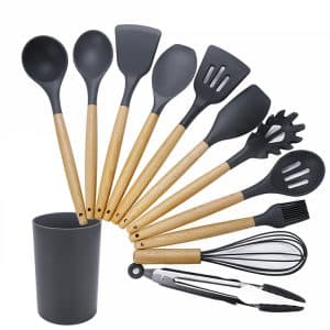 11-in-1 Wooden Handle Silicone Kitchen Tool Set with Storage Bucket