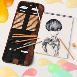 Complete 18-Piece Sketching Pencil Set with Charcoal, Erasers, Pen Curtain & Art Knife