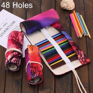 48-Slot Sunset Tree Print Canvas Pencil Wrap Roll Up Stationery Pouch