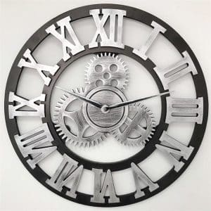 Vintage Wooden Gear Wall Clock, Roman Numerals, 35cm Diameter – Timeless Charm