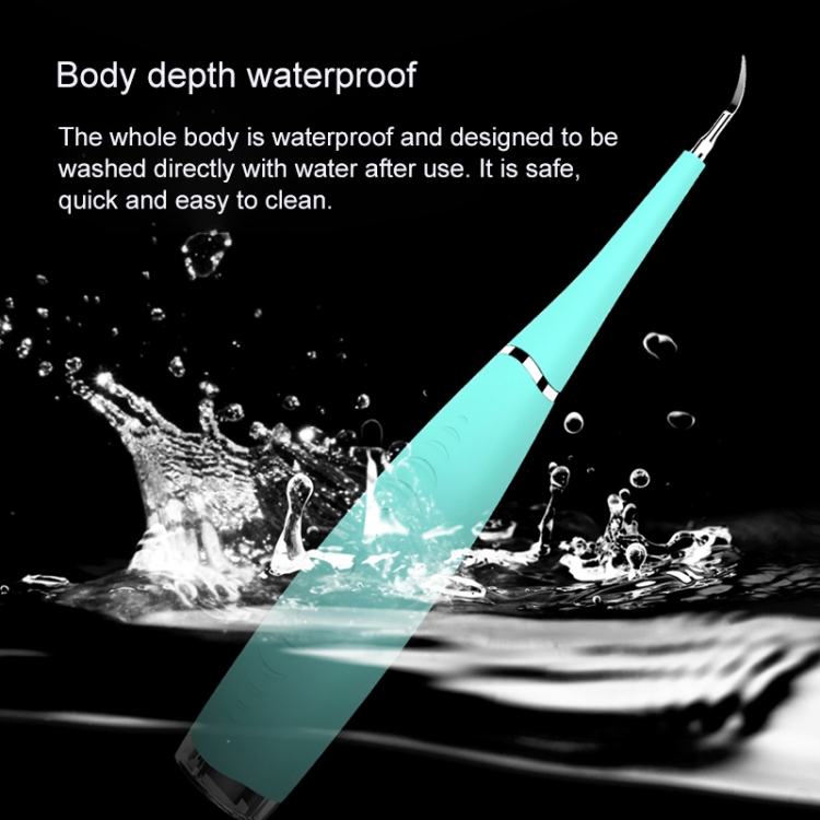 LSHOW YJK015A Waterproof Electric Teeth Polisher - USB Charging, High-frequency Vibration 5 A Waterproof Dental Cleaning Tool With A Curved Tip, Shown With Water Droplets Around It.