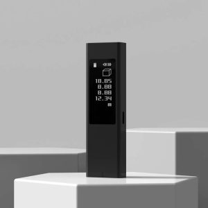 13. Digital measuring device displaying data on a sleek black screen with icons, on a white platform, showcasing advanced technology for precise measurements.
