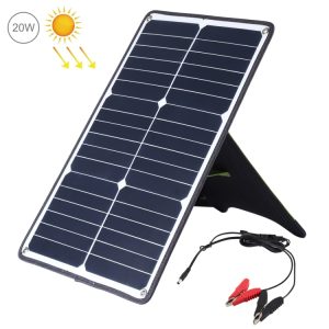Solar panel for outdoor energy harvesting, portable solar charger for camping and emergencies, 20W monocrystalline solar panel with alligator clips, ideal for renewable energy solutions.