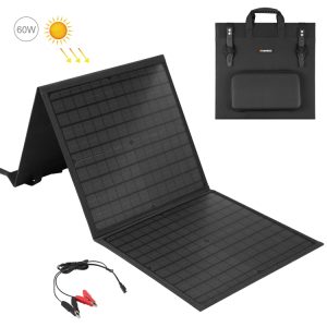 Solar panel portable foldable energy for camping and outdoor activities with USB output and carrying bag, 60W solar charger ideal for off-grid power solutions and renewable energy storage.