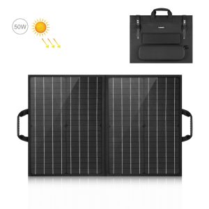 Flexible foldable solar panel with 50W power output, portable design for outdoor activities and emergency use. Ideal for solar energy enthusiasts and off-grid solar power solutions.