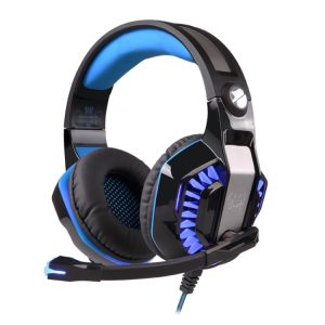 Black and blue gaming headset featuring padded ear cups and a flexible microphone.
