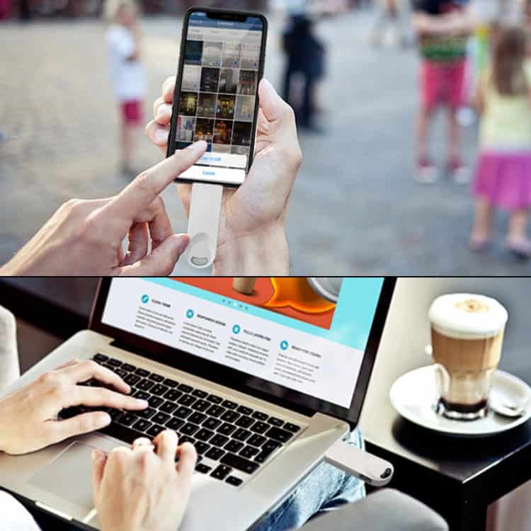 256GB 3-in-1 Metal Twister Flash Disk - Micro USB, USB & 8-Pin Interface 9 High-Quality Image Of A Person Using A Smartphone To Browse Photos Outdoors, Showcasing Digital Photo Storage And Sharing, Relevant For Syndmart.com Seo.