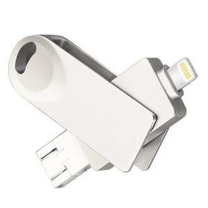 USB flash drive with Lightning connector, portable data storage device, and compact external storage for iPhone and iPad.