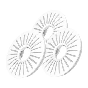 White circular plastic drain covers or grates for bathroom or kitchen flooring, designed for water drainage and safety.