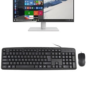 Keyboard and mouse setup with a desktop monitor for office work and general computing tasks at syndmart.com, emphasizing computer accessories and peripherals for productivity and convenience.