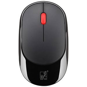 Wireless computer mouse with red scroll wheel, ergonomic design, and sleek black finish for home or office use.