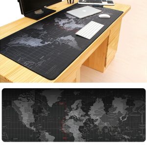 World map desk mat with black and grey continents, perfect for office or gaming setup, from Syndmart.
