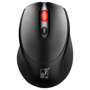 Wireless black computer mouse with red scroll wheel and ergonomic design for comfortable office or gaming use.