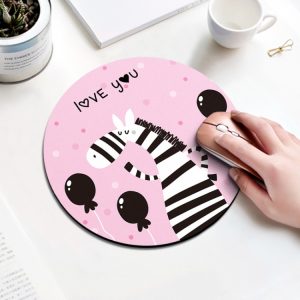 Zebra-themed round mouse pad with pink background, "LOVE YOU" text, balloons, and cute animal design, ideal for office desk or home workspace, perfect for adding fun and personality to your computer setup.