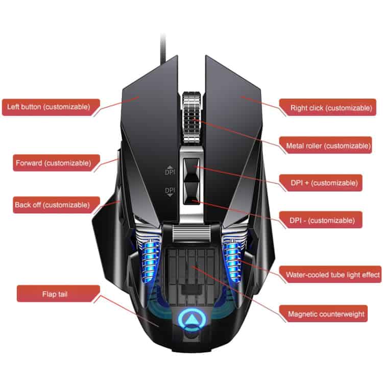 YINDIAO G10 7200DPI RGB Wired Metal Macro Mouse • 7-key • 7-modes • Hard Core 2 High-Precision Gaming Mouse With Customizable Buttons, Metal Roller, Dpi Adjustments, Water-Cooled Tube Light, Magnetic Counterweight, And Ergonomic Design For Enhanced Gaming Performance.