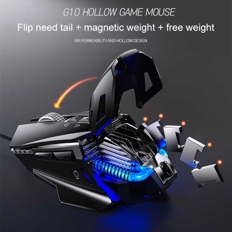 YINDIAO G10 7200DPI RGB Wired Metal Macro Mouse • 7-key • 7-modes • Hard Core 4 G10 Hollow Game Mouse With Flip Need Tail, Magnetic Weight, And Free Weight Features For Gaming Precision And Customization.