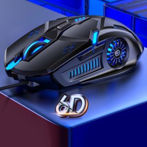 Gaming mouse with futuristic design and blue LED lighting, ideal for high-performance gaming setups.