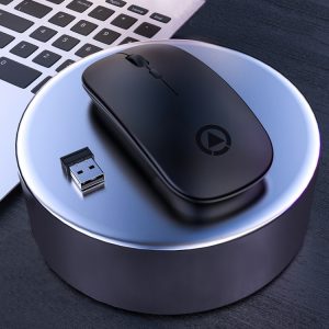 Wireless media streaming device with remote control, USB receiver, and sleek design on modern workspace. Perfect for seamless media playback and home entertainment integration.