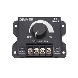 DC dimmer switch for LED lighting, compatible with 12-24V and 30A, perfect for adjustable brightness control in home or commercial lighting systems.