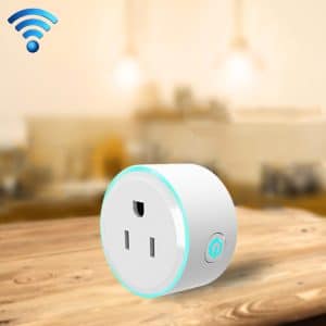 Smart Wi-Fi plug with a power button and indicator light on a wooden surface.