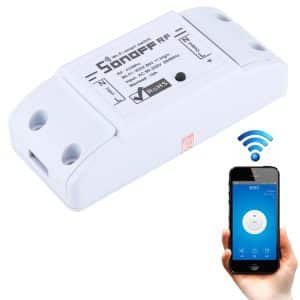 Smart Wi-Fi switch module with a smartphone displaying remote control functionality.