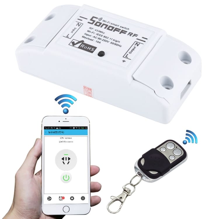 Smart Sonoff Wireless Switch: WiFi Timer & Remote Control 1 Smart Wi-Fi Remote Control Switch With A Smartphone And Remote Key Fob For Operation.