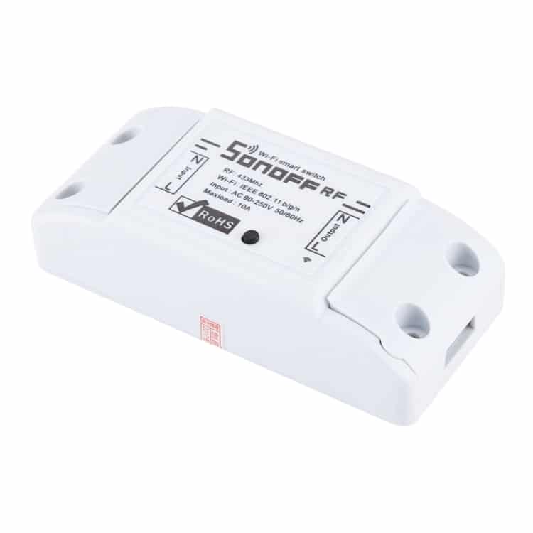 Smart Sonoff Wireless Switch: WiFi Timer & Remote Control 2 White Smart Wi-Fi Switch Module With Labeled Connections And Specifications.