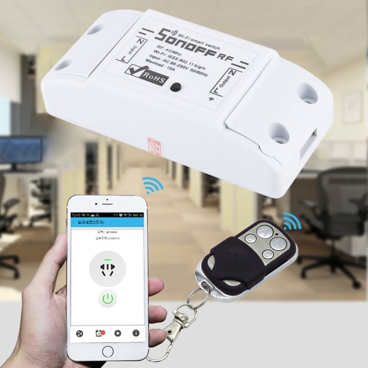 Smart Sonoff Wireless Switch: WiFi Timer & Remote Control 6 Smart Wi-Fi Remote Control Switch With A Smartphone And Remote Key Fob In Use.